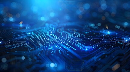 blue digital technology background with a circuit board and data flow diagonally arranged on the right side of an illustration, with high resolution and highly detailed style.