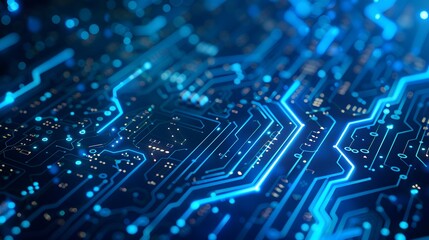 Obraz premium blue digital technology background with a circuit board and data flow diagonally arranged on the right side of an illustration, with high resolution and highly detailed style.
