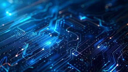 Fototapeta premium blue digital technology background with a circuit board and data flow diagonally arranged on the right side of an illustration, with high resolution and highly detailed style.