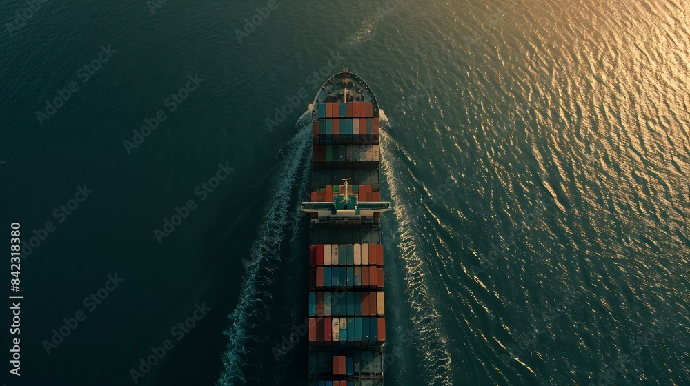 Poster Top view Container ship full capacity approaching  port International Container ship loading unloading at sea port Freight Transportation ShippingLogistics import export Transportation : Generative AI