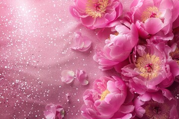 From above, a captivating display of pink peony flowers set against a shimmering backdrop of glitter.