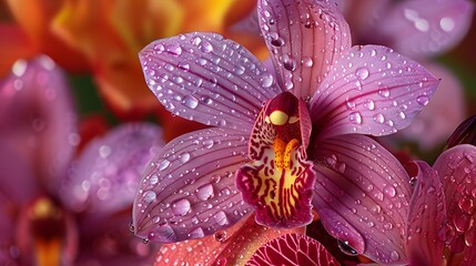 Fototapeta premium Closeup of an orchid flower with purple petals and red stamens, surrounded by other flowers in the background.