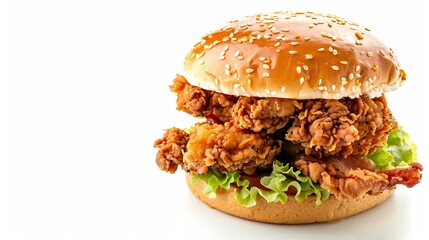 fresh tasty burger with fried chicken meat isolated on white background top view : Generative AI