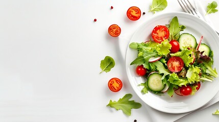 plate of salad with fresh vegetables isolated on white background top view : Generative AI