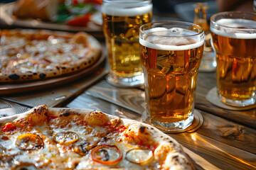 Pizza party table with glasses of beer, rustic wooden table with hot pizzas