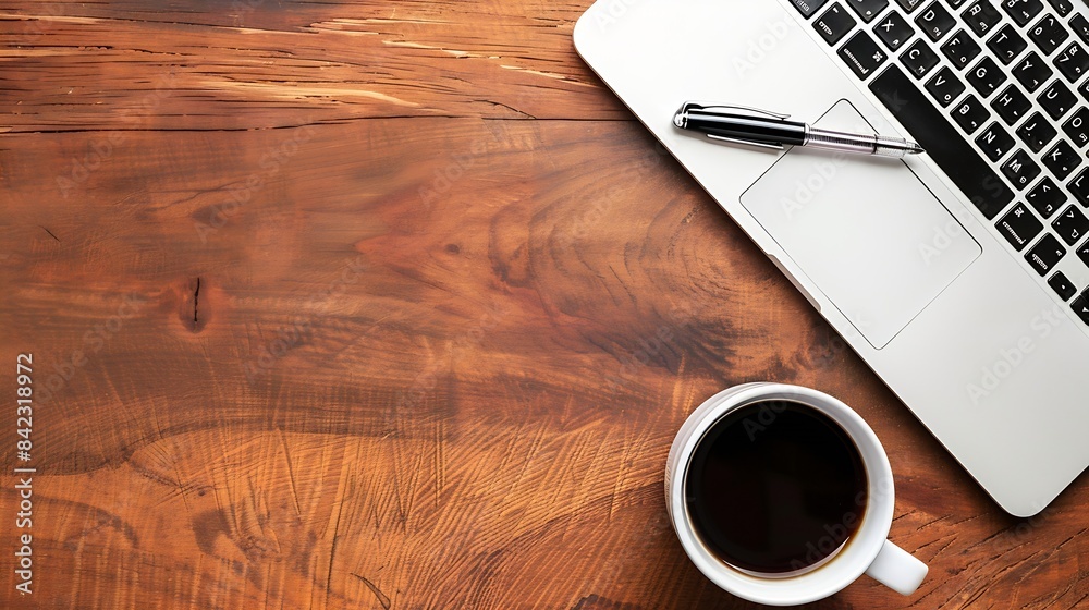 Poster work from home desk office with laptop blank notepad coffee cup and pen on wood table flat lay top v