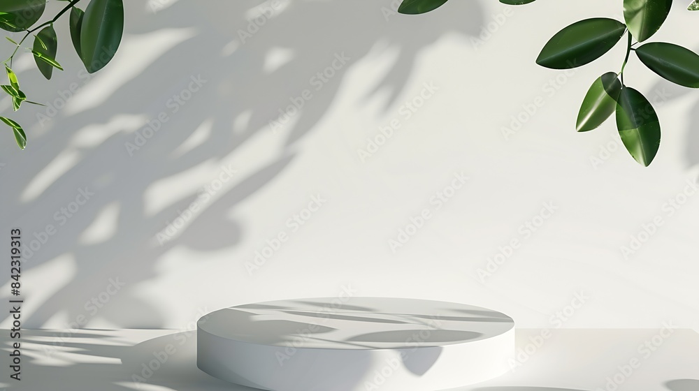 Poster Top view of white podium with leaves and shadows Realistic platform for product presentation Minimal nature scene with pedestal mockup cosmetic display or award ceremony : Generative AI