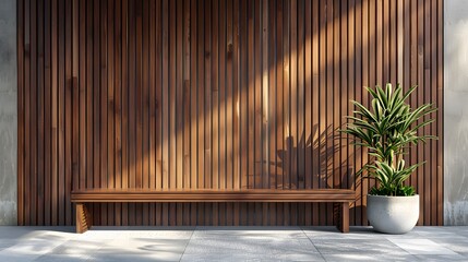 Minimalist outdoor wall with wooden slats and bench, featuring a large blank space for text or artwork.