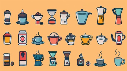 Elevate your designs with this eye-catching vector icon set, showcasing a colorful assortment of coffee-related symbols against a sleek backdrop. From classic coffee cups to modern brewing equipment,