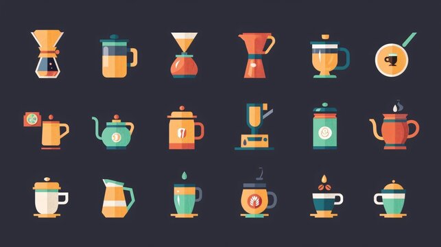 Immerse yourself in the rich aroma of freshly brewed coffee with this captivating vector icon set, featuring a vibrant collection of coffee-related symbols in a colorful style. From elegant coffee