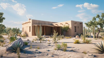 A traditional brick house nestled in a desert landscape.