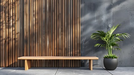 Minimalist outdoor wall with wooden slats and bench, featuring a large blank space for text or artwork.
