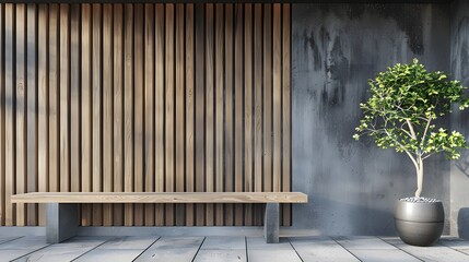Minimalist outdoor wall with wooden slats and bench, featuring a large blank space for text or artwork.