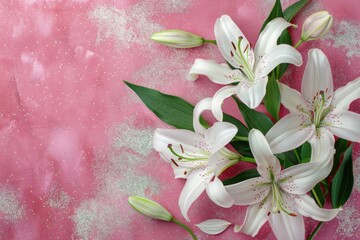 An exquisite top-down view showcases the delicate beauty of white lily blooms on a bed of sparkling glitter.