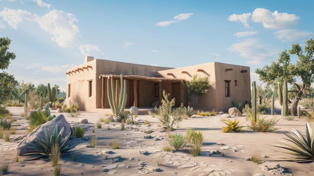 A traditional brick house nestled in a desert landscape.