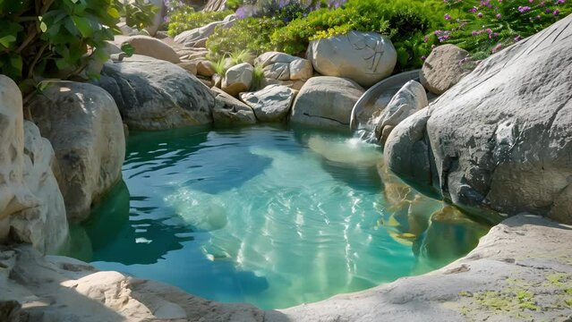 This natural swimming pool is surrounded by large boulders and features a small rockslide for added fun.