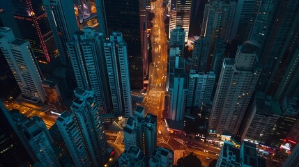 Aerial top down view of Hong Kong downtown at night view of city light and vehicles on the road Hong Kong island China : Generative AI