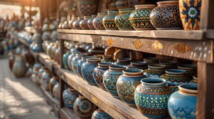 Fototapeta premium Neatly arranged rows of artisan-crafted ceramic pots displayed on wooden shelves in a sunlit market, symbolizing the timeless artistry and meticulous craftsmanship in traditional pottery.