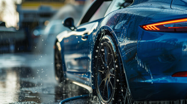 A vibrant blue sports car is joyfully getting washed by the gentle rain, banner, copy space