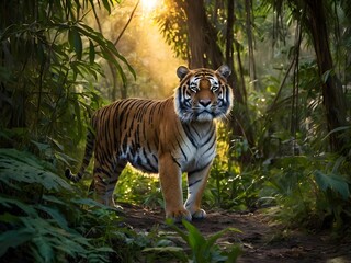 Fototapeta premium Majestic Tiger Walking Through Dense Jungle at Dusk with Sunlight Filtering Through Trees