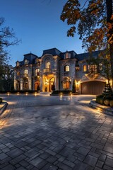 Fototapeta premium A luxurious mansion with a grand façade and expansive driveway. Reflecting luxury and sophistication