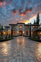 A luxurious mansion with a grand façade and expansive driveway. Reflecting luxury and sophistication