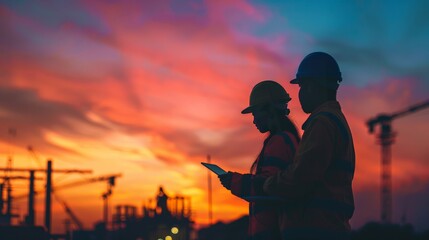 Obraz premium Silhouettes of a male engineer and female urban planner collaborating on a tablet at a construction site at dusk