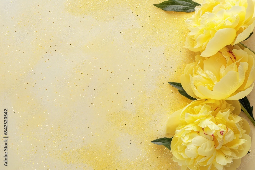 Poster Aerial Perspective of Yellow Peony Flowers with Glitter Background. Majestic Floral Splendor from Above.