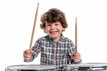 happy young boy playing on drumsticks, isolated in white background.