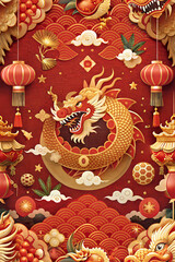 Obraz premium Happy Chinese New Year cover brochure set in flat design. Poster templates with lanterns, gold zodiac Dragon