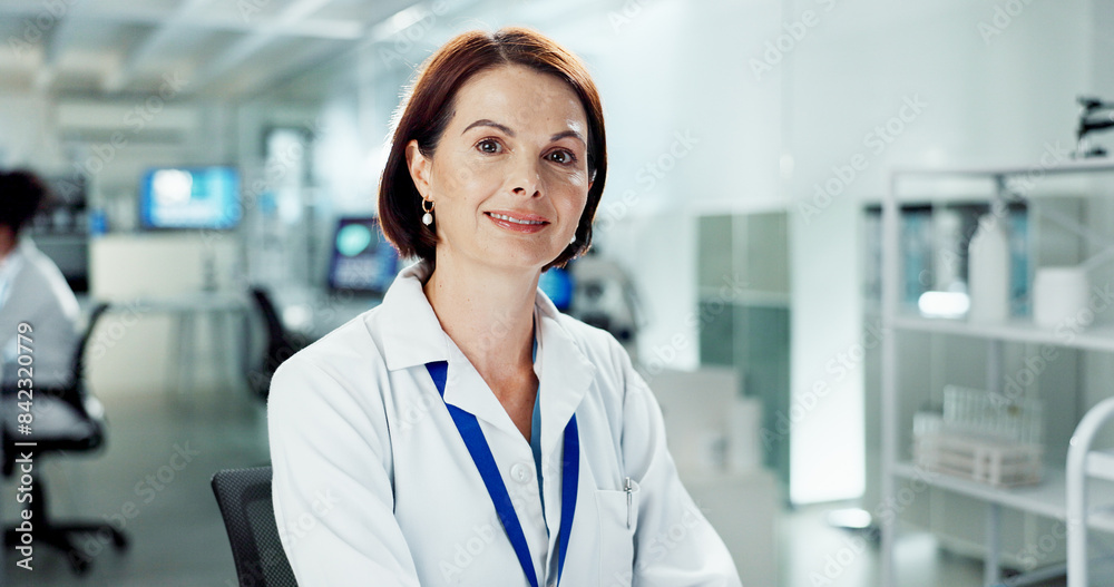 Sticker Woman, scientist and portrait with smile in lab, research or cancer treatment at pharma company. Person, happy and innovation for drugs, medication or pride for career, study or experiment for health