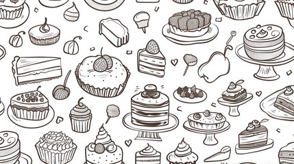 Cake bread snack food Illustration doodle pattern black white silhouette.