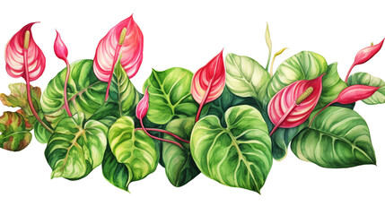 Obraz premium Illustration of lush green tropical leaves and vibrant pink flowers, perfect for nature-themed designs and botanical collections.