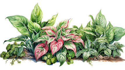 Obraz premium Beautiful arrangement of green and pink tropical foliage with various leaf shapes illuminated by natural light in a garden setting.