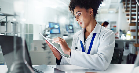 Woman, scientist and research with tablet for results, medical study or new discovery on experiment...