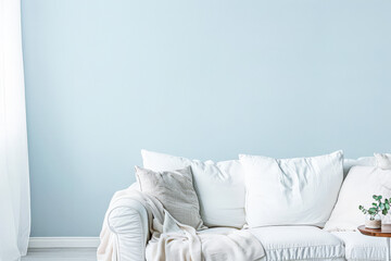 Room composition with minimal furniture and ample copyspace for text in soft tonality. Home interior design composition.