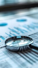  Magnifying glass and documents with analytics data lying on table, selective focus