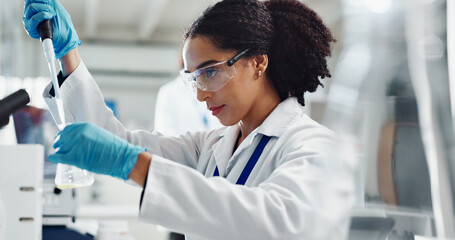 Glass beaker, pipette and woman scientist in laboratory for medical study, research or experiment....