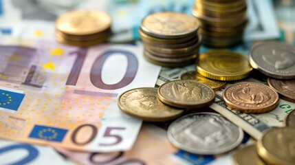 A dynamic display of mixed euro banknotes and coins, forming an illustration of wealth and financial transactions
