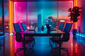Realistic photo of future business discussions, colorful and magical ambiance, advanced tone, Triadic Color Scheme