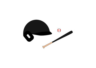 野球の黒色のヘルメットとボールとバットのイラスト