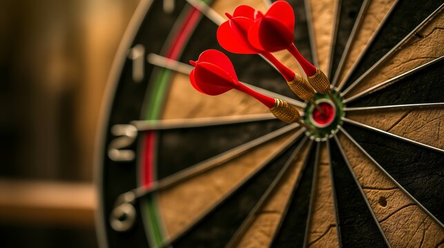 Focused photo of three darts in bullseye, symbolizing accuracy and goal achievement on a dartboard