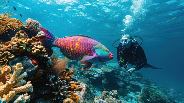 An enchanting underwater photograph of a scuba diver observing a colorful parrotfish feeding on coral The diver remains still as the parrotfish goes about its routine oblivious to the human presence