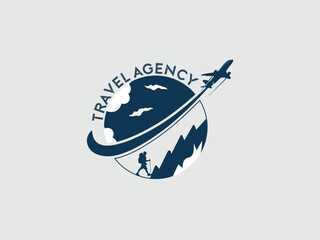 airplane flight around the world map logo symbol with mountain hiker design illustration inspiration.