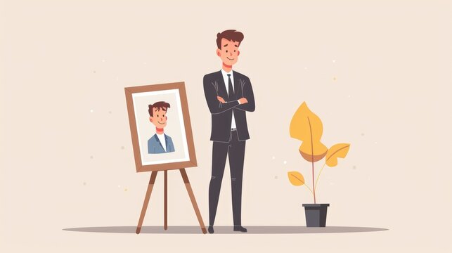 A businessman proudly presenting something beside him showcasing a portrait of a cartoon character in a dynamic flat style 2d illustration
