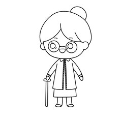 A woman with glasses and a cane is standing in a white background