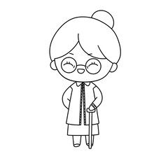 A cartoon woman with a cane and glasses