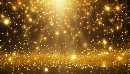 Fototapeta premium Background with falling golden glitter particles. Golden confetti falling with magic light. Beautiful light background