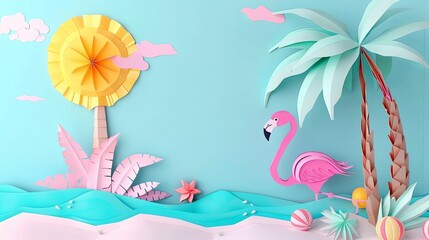 Fototapeta na wymiar Pink flamingo summer background with palm trees and sea