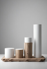 podiums, cylindrical and perpendicular, white, matte, arranged from smallest to largest, distributed over a large depth of field. On a white background